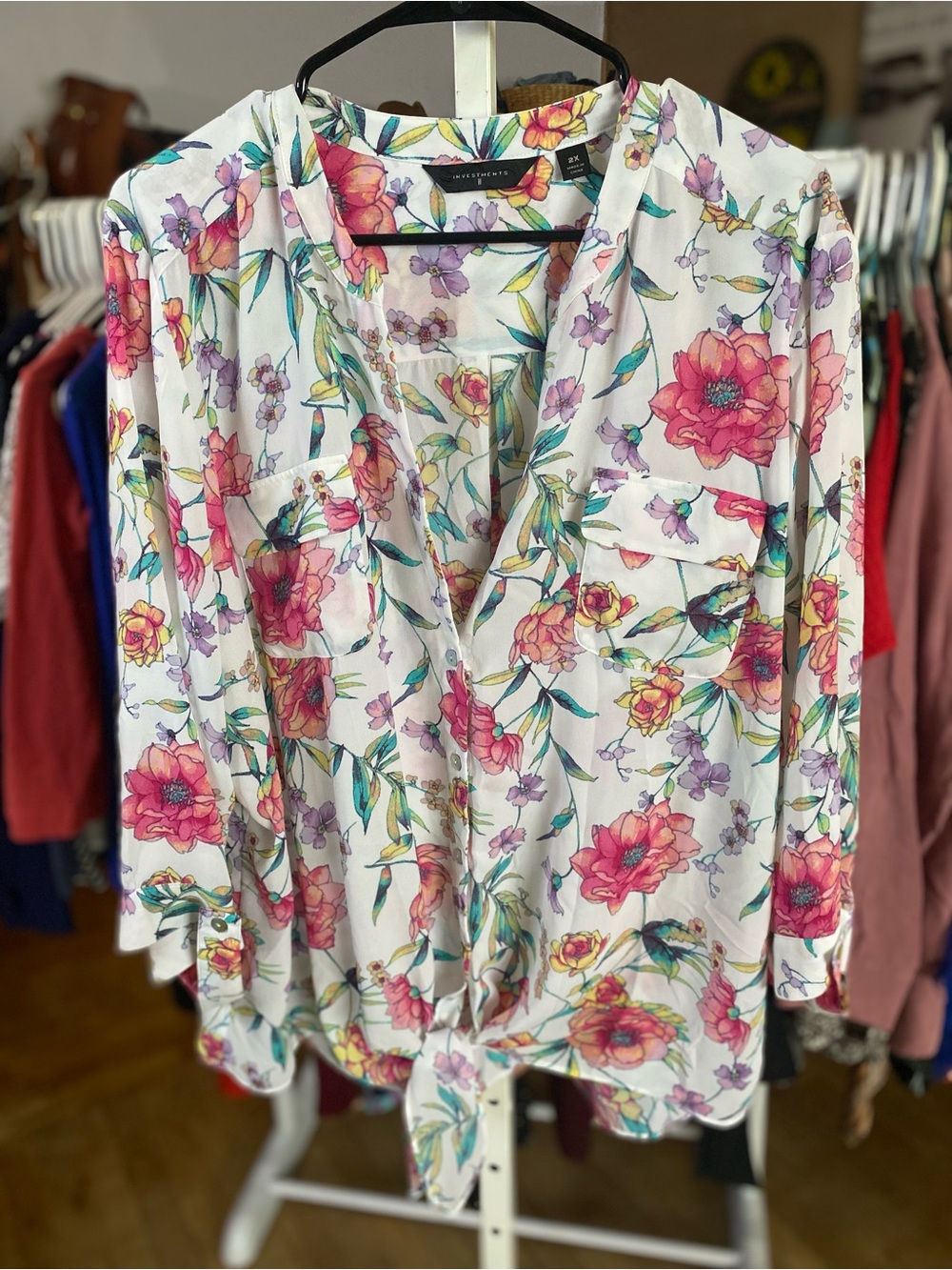 Investments White Button-Down Blouse with Pink & Purple Floral Print